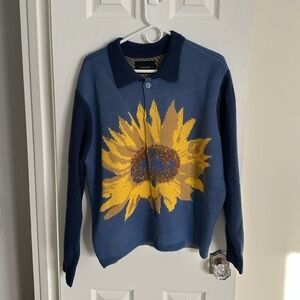 PacSun Blue and Yellow Sunflower Knit Cardigan Sweater